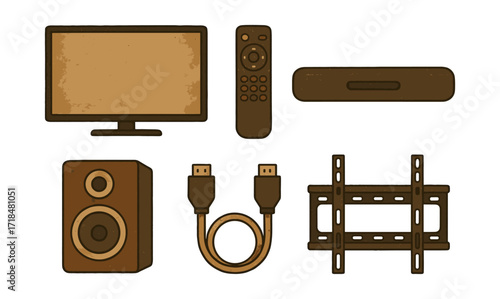Vintage home entertainment icons featuring tv, remote, and speakers
