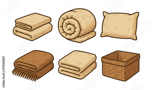 Cozy home essentials: blankets, towels, and pillows in vintage cartoon style