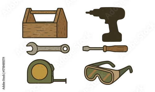 Vintage craft tools set: drill, screwdriver, wrench, tape, goggles, toolbox