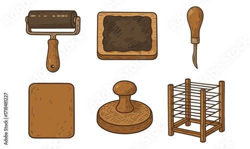Vintage bakery tools collection featuring rolling pin, dough cutter, bread rack, and more