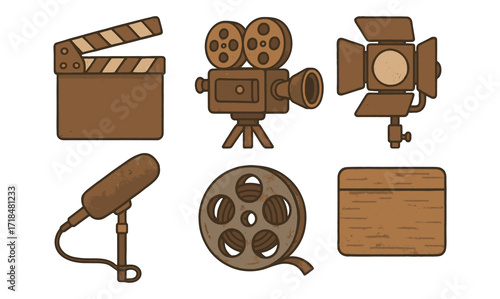Vintage film equipment icons set with movie camera, clapperboard, and microphone