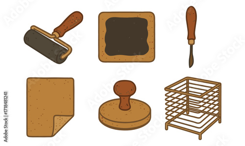 Retro printmaking tools set with textured effect and vintage style colors