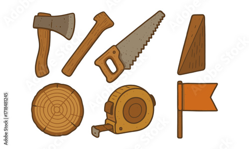 Rustic construction set with tools and timber elements in cartoon style
