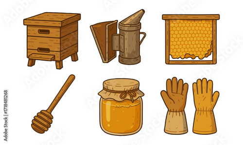 Beekeeping tools and honey elements in detailed hand-drawn style