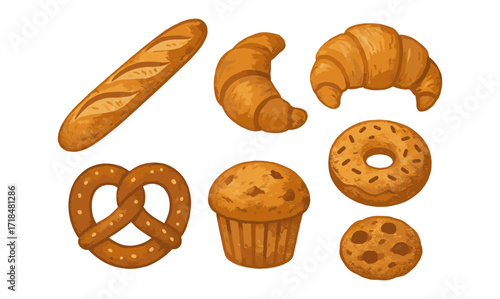 Delicious assortment of baked goods in a flat design style