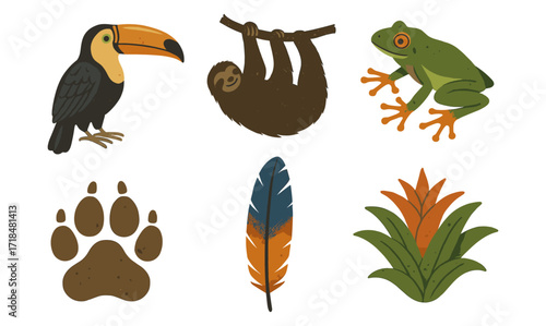 Colorful jungle wildlife icons featuring tropical animals and nature elements