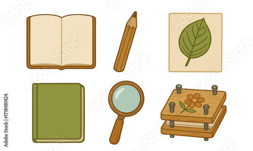 Vintage school supplies set with book, pencil, magnifying glass, and botanical press