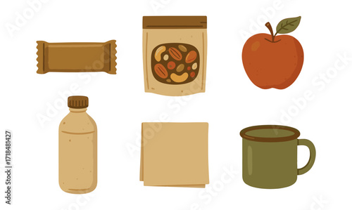 Handcrafted snack set featuring granola bar, nuts, and apple in earthy tones
