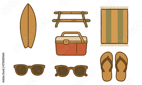 Retro beach adventure items set with sunglasses, surfboard, and cooler