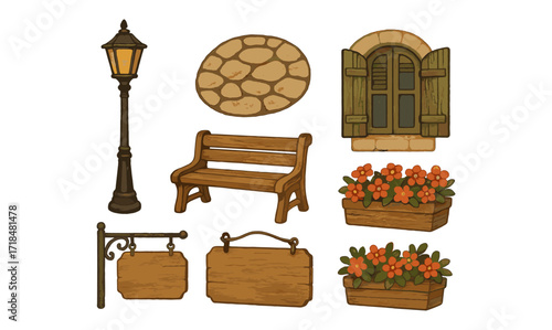Vintage street set with wooden elements, flowers, and rustic signs