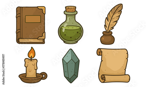 Vintage magic items set featuring books, potion, quill, candle, crystal, and scroll