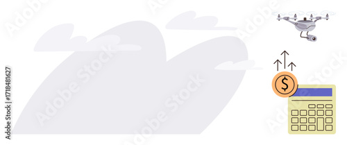 quadcopter flying above, carrying financial gains represented by a coin and arrows, alongside a calculator. Ideal for innovation, efficiency, logistics, technology, aerial delivery, finance budgeting