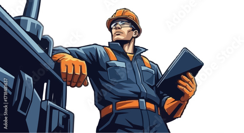 Vector illustration of oil rig assistant seen from below, heroic angle emphasizing strength and professionalism, stylized geometric shading