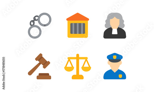 Criminal law icons set - handcuffs, court, judge, gavel, scales, officer - legal design for print and digital use