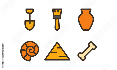Archaeology icon set featuring shovel, brush, pottery, fossil, pyramid, and bone for educational and design purposes