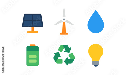 Renewable energy icons collection: solar, wind, water, battery, recycling, and light bulb for eco-friendly design projects
