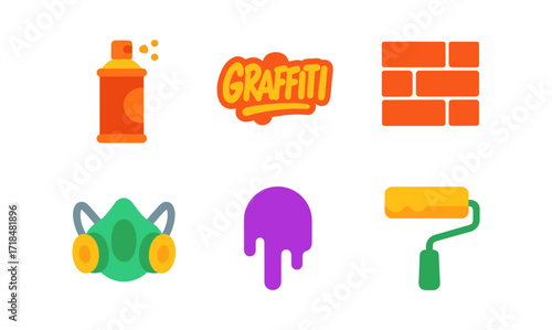 Vibrant street art icons featuring graffiti, spray can, and brick wall design for creative projects