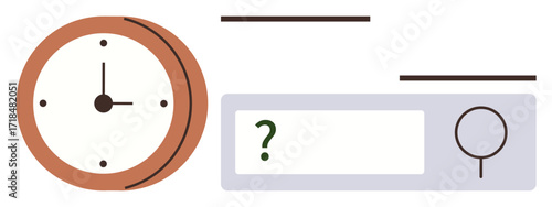 Clock with time indication next to a search bar featuring a question mark and magnifying glass. Ideal for time management, productivity, organization, decision-making, planning, research, simple flat