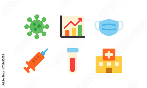 Epidemiology icon set featuring virus, graph, mask, syringe, test tube, and hospital for medical and educational design