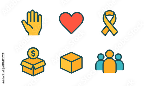Nonprofit icons set featuring heart, ribbon, helping hand, donation box, and community group