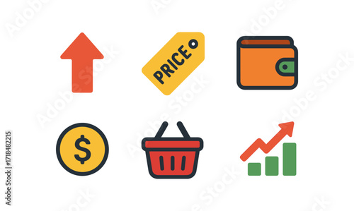 Inflation icon set featuring price tag, wallet, and economic growth chart for financial design projects