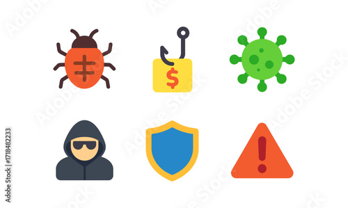 Cybersecurity threat icons set featuring virus, phishing, malware, hacker, shield, and warning symbols for digital security design