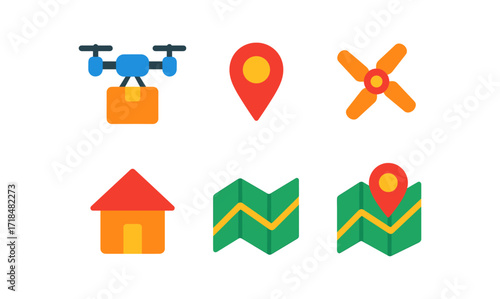 Drone delivery icons collection for modern delivery services and navigation concepts