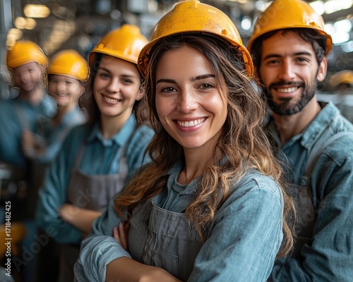 A group of happy factory workers.  Smiling people in industrial setting