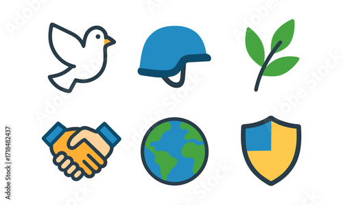 Peacekeeping symbols: dove, helmet, olive branch, handshake, earth, shield for global cooperation design