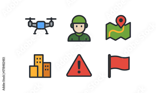 Modern conflict icons set featuring drone, soldier, map with marker, cityscape, warning sign, and red flag for minimalist design