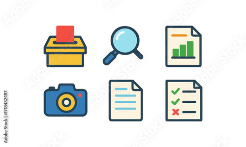 Elections monitoring icons set for voting process and analysis