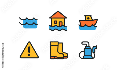 Flood safety icons set for emergency preparedness and awareness campaigns