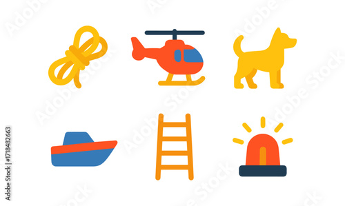 Rescue operation icon set featuring helicopter, rope, dog, boat, ladder, and siren for emergency response design