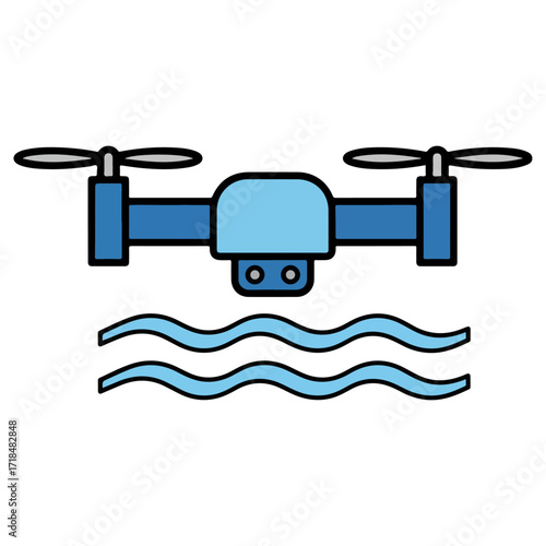 Drone flying over water, capturing aerial views, technology.