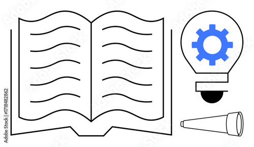Open book with wavy lines, light bulb with gear icon, and telescope. Ideal for education, creativity, learning, discovery, problem-solving brainstorming innovation. Simple flat metaphor