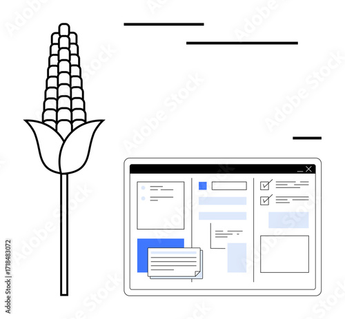 Corn stalk next to a digital interface showing analytics, checkboxes, and design elements. Ideal for agriculture, farming technology, data management, analytics, innovation, sustainability modern