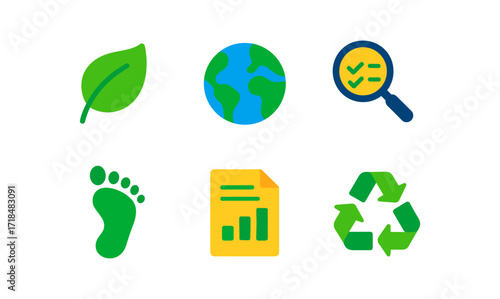Eco-friendly icon set featuring leaf, earth, magnifying glass, footprint, document, and recycle symbol for environmental awareness designs