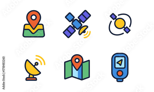 Satellite navigation icon set featuring gps map markers and communication satellites