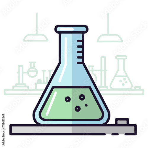 Laboratory flask with green liquid for scientific experiments.