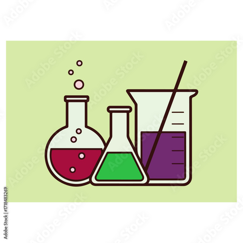 Laboratory glassware with colorful liquids for scientific experiments.