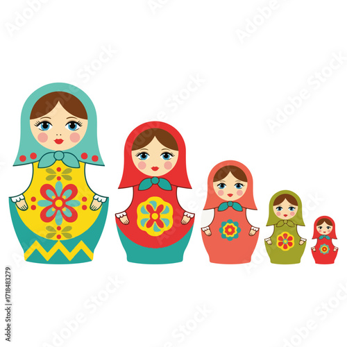 Colorful Russian nesting dolls in a row.
