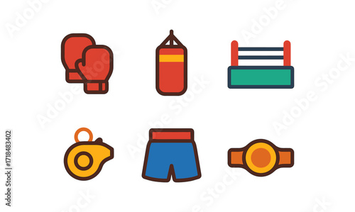 Boxing training icon set featuring gloves, punching bag, ring, whistle, shorts, and championship belt for design projects