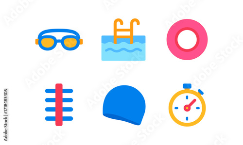 Swimming gear icons for summer activities and poolside fun design projects