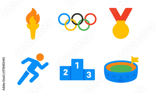 Olympic icons grid featuring torch, rings, medal, athlete, podium, and stadium for sports designs