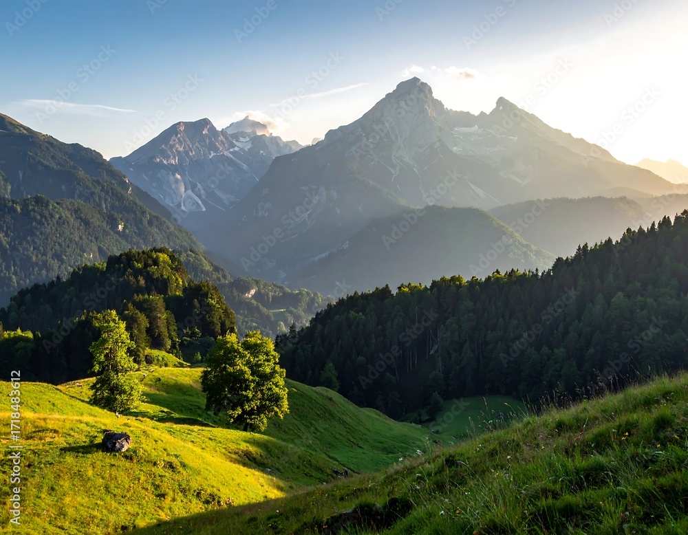 Fototapeta premium Picturesque mountain valley at sunset