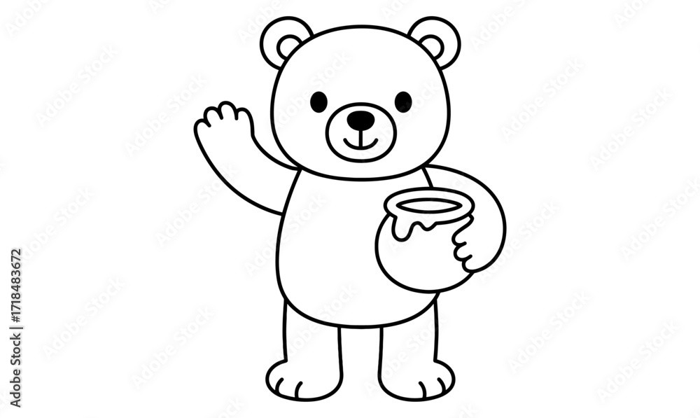 Obraz premium Cute bear holding honey jar in simple black and white outline style