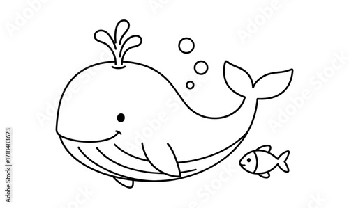 Cute cartoon whale and fish outline with bubbles for kids coloring