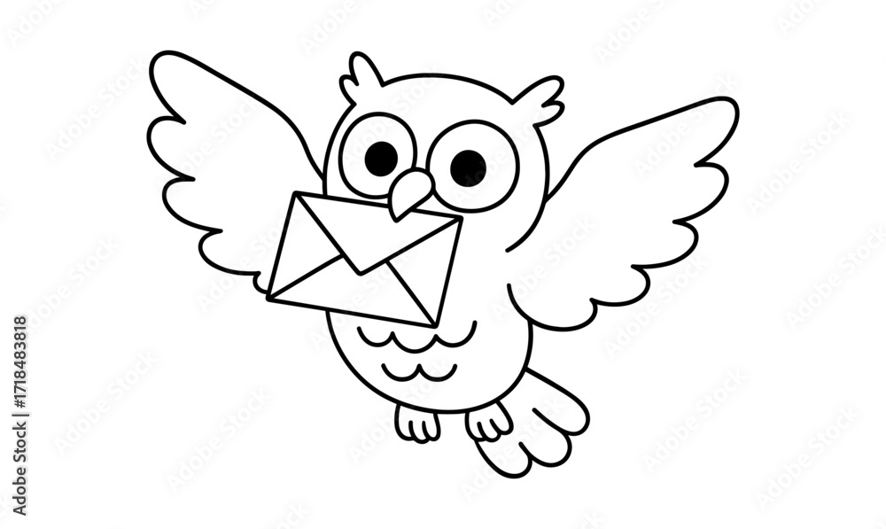 Fototapeta premium Cute owl outline holding envelope in simple cartoon style