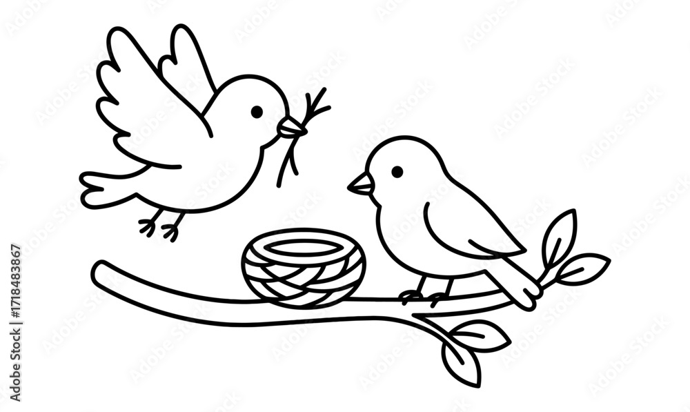 Fototapeta premium Birds building nest outline – charming linear bird scene for kids