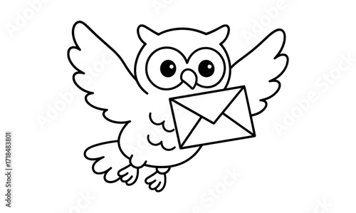 Cute owl delivering mail in cartoon style for kids' coloring activities